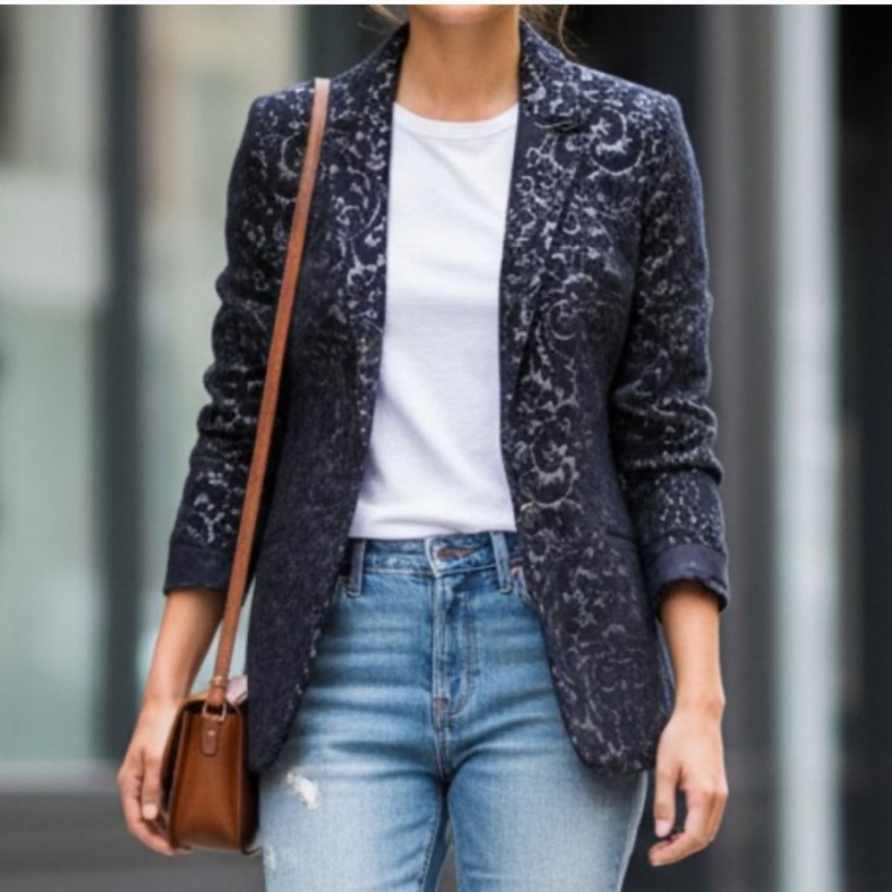 CAbi Jacquard Wool Blend Blazer Midnight Blue Damask